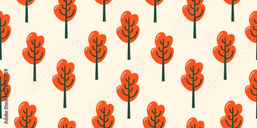 Seamless Minimalist Tree Pattern with red Foliage on Light Background