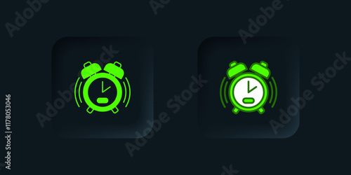 Green Alarm clock icon isolated on black background. Wake up, get up concept. Time sign. Black square button. Vector
