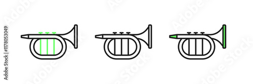 Set line Trumpet icon isolated on white background. Musical instrument. Vector