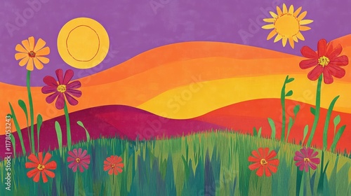 Sunset meadow floral illustration, vibrant hills background, kids' book