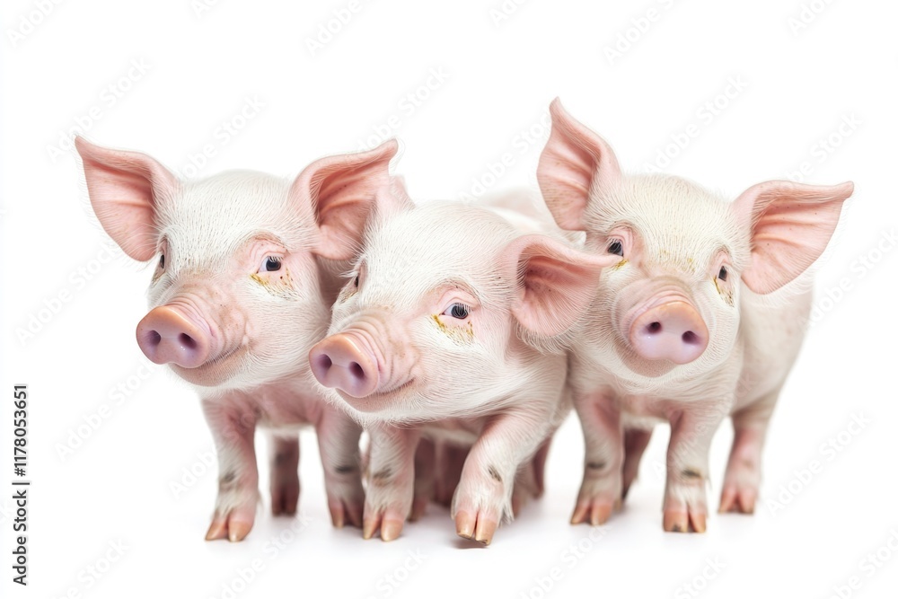 Three little pigs standing side by side, in a row Three little pigs standing side by side, in a row