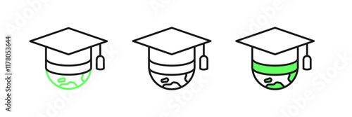 Set line Graduation cap on globe icon isolated on white background. World education symbol. Online learning or e-learning concept. Vector