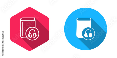 Filled and outline Audio book icon isolated with long shadow background. Book with headphones. Audio guide sign. Online learning concept. Vector