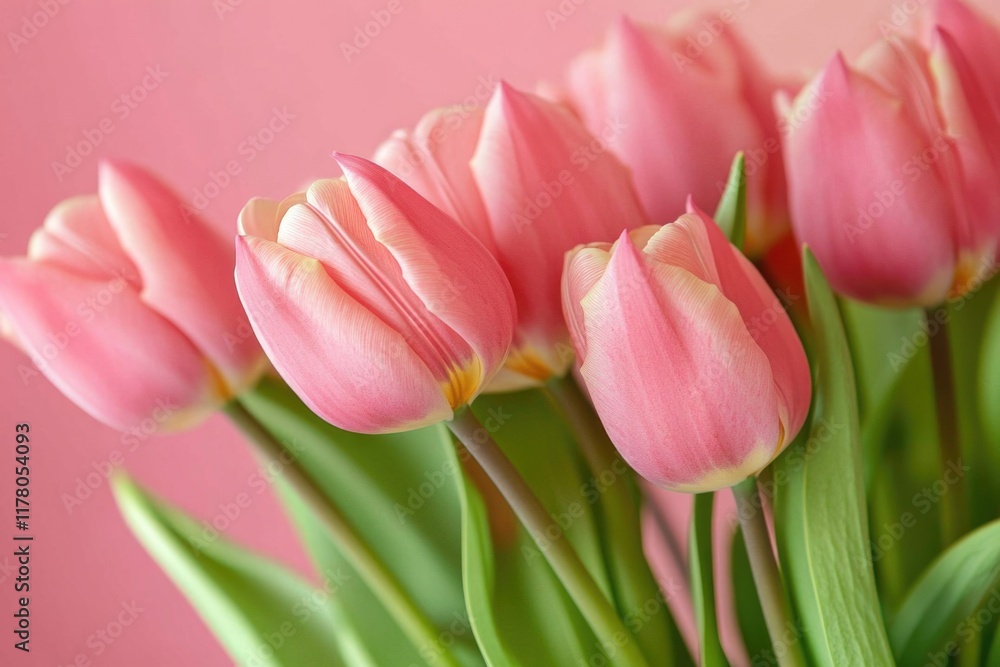 A bouquet of fresh pink tulips arranged in a decorative vase A bouquet of fresh pink tulips arranged in a decorative vase