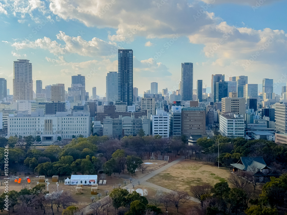 Naklejka premium View of Osaka city from the top of Osaka castle, Japan.