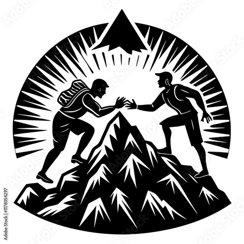 High Five on Mountain Peak Black-and-White Vector Illustration