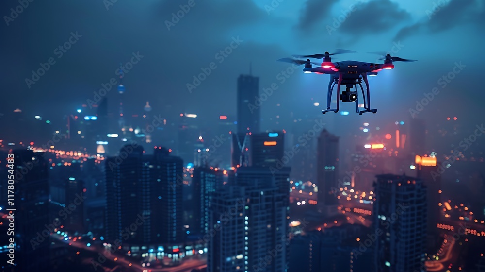 A futuristic AI surveillance drone scanning a dense urban environment at night A futuristic AI surveillance drone scanning a dense urban environment at night