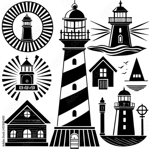 Lighthouse and Coastal Building Silhouettes Black-and-White Vector Set photo