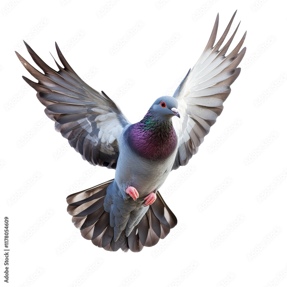 Obraz premium Majestic pigeon in mid flight over urban landscape