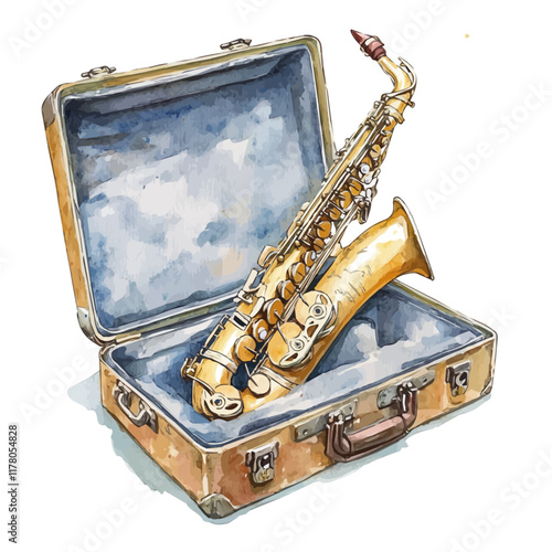 A watercolor of a saxophone case, isolated on a white background. Musical accessory vector.
