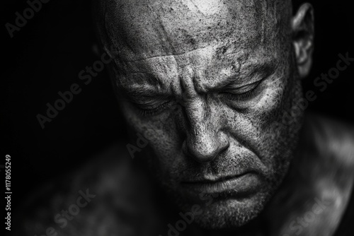 psychological black and white close-up portrait of adult bald brutal man