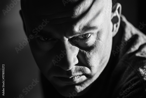 psychological black and white close-up portrait of adult bald brutal man