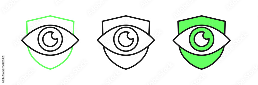 Set line Shield and eye icon isolated on white background. Security, safety, protection, privacy concept. Vector Set line Shield and eye icon isolated on white background. Security, safety, protection, privacy concept. Vector