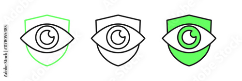 Set line Shield and eye icon isolated on white background. Security, safety, protection, privacy concept. Vector