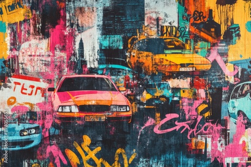 Fototapeta Naklejka Na Ścianę i Meble -  Vibrant urban graffiti design with city elements, street signs, and bold brushstroke accents