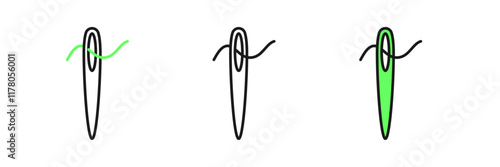 Set line Needle for sewing with thread icon isolated on white background. Tailor symbol. Textile sew up craft sign. Embroidery tool. Vector