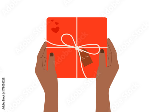 Girl Hands holding gift. Vector illustration with for diversity themed designs, holiday cards or gifting promotions
