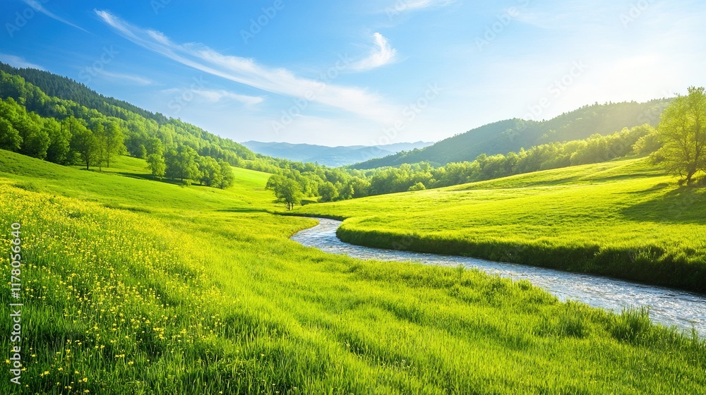 Fototapeta premium Majestic mountain valley landscape with river and green meadows.