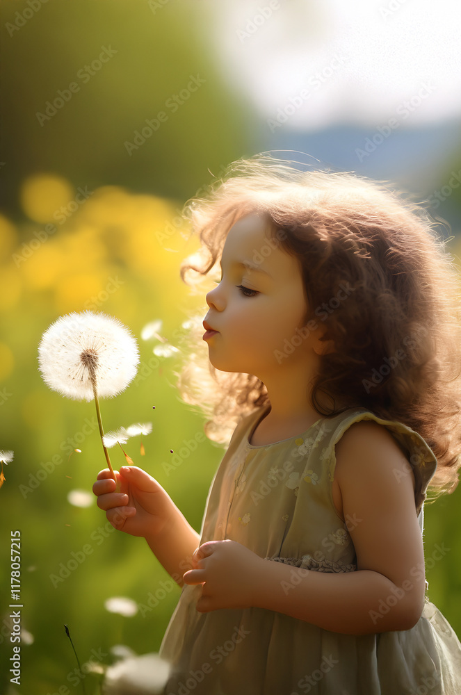Child blowing dandeline in a meadow full of spring flowers and grass. Concept of happiness, freedom and relaxation.