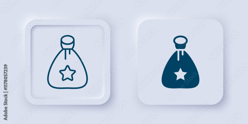 Filled and outline Santa Claus bag gift icon isolated on grey background. Christmas presents sack. Merry Christmas and Happy New Year. Square button. Vector Filled and outline Santa Claus bag gift icon isolated on grey background. Christmas presents sack. Merry Christmas and Happy New Year. Square button. Vector