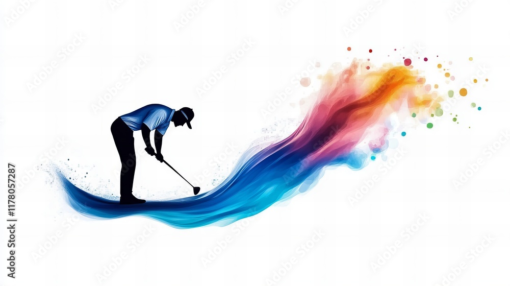 Fototapeta premium Silhouette of a male golfer in action, set against a vibrant, colorful wave. Dynamic energy and motion captured.