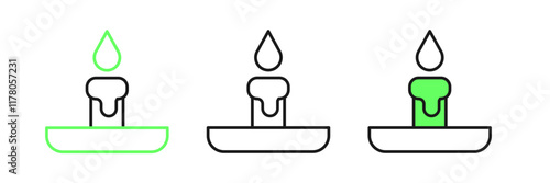 Set line Burning candle in candlestick icon isolated on white background. Cylindrical candle stick with burning flame. Vector