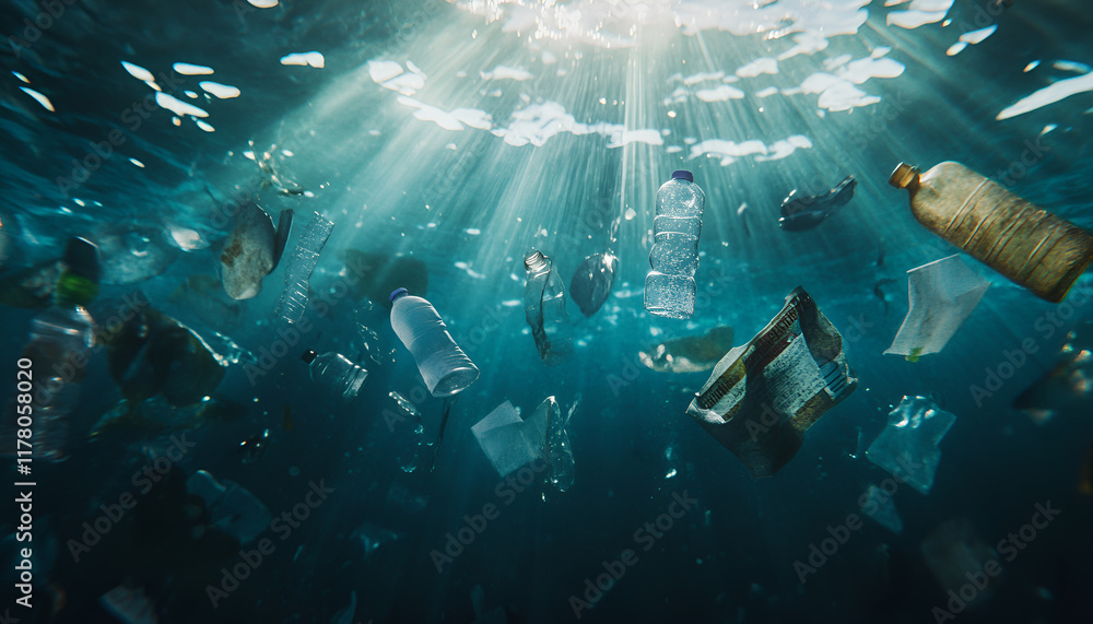 Naklejka premium Plastic Pollution In Ocean - Underwater Shine With garbage Floating On Sea - Environmental Problem