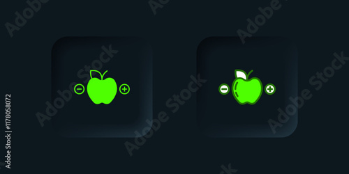 Green Calorie calculator icon isolated on isolated on black background. Calorie count. Diet. Weight loss. Portion control. Healthy eating. Dietary nutrition. Black square button. Vector