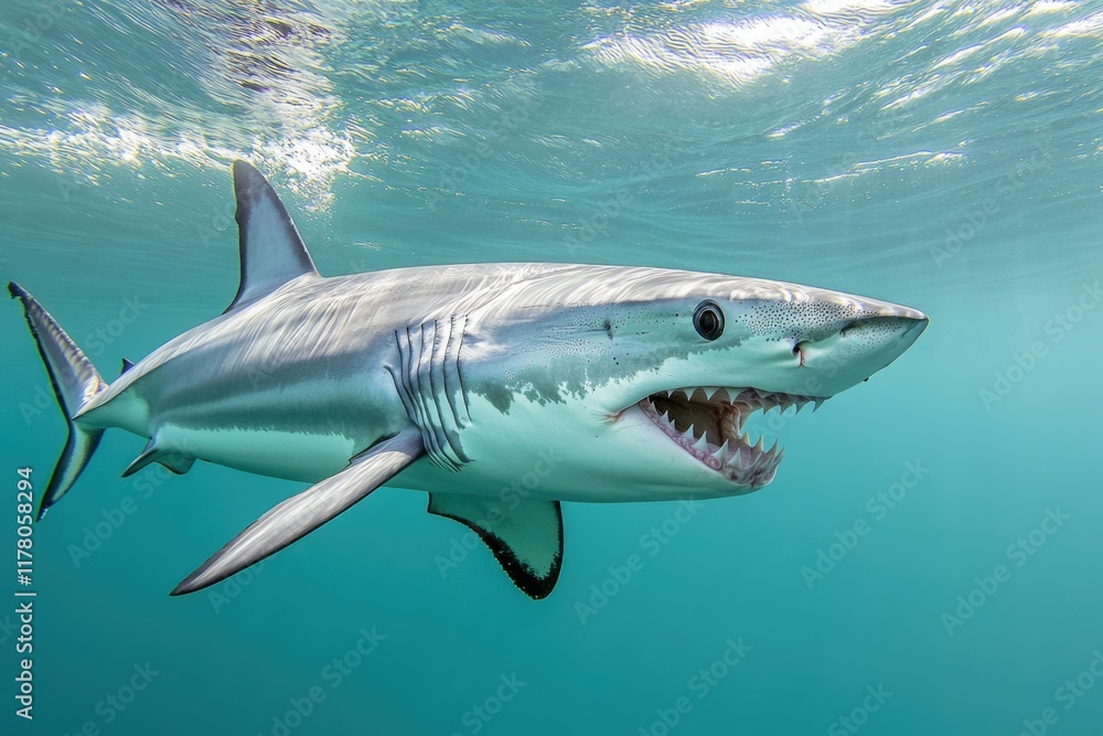 Fototapeta premium Close-up of a great white shark's mouth open in the ocean, perfect for illustrating aquatic or marine life themes
