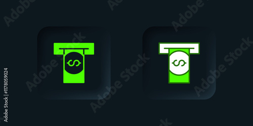 Green ATM - Automated teller machine and money icon isolated on black background. Black square button. Vector
