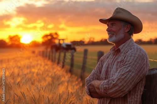 Bauern bei Sonnenuntergang im Weizenfeld – Landwirtschaft und Natur in Harmonie photo