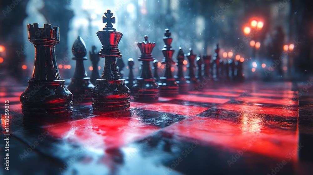 Naklejka premium Black Chess Pieces On A Red Wet Board