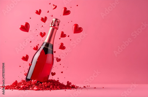 Bottle of pink champagne with red hearts on a pink background. Sparkling rose wine with hearts. Romantic dinner. Valentine's Day.