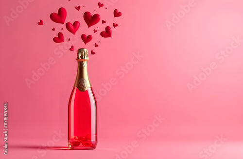 Bottle of pink champagne with red hearts on a pink background. Sparkling rose wine with hearts. Romantic dinner. Valentine's Day.
