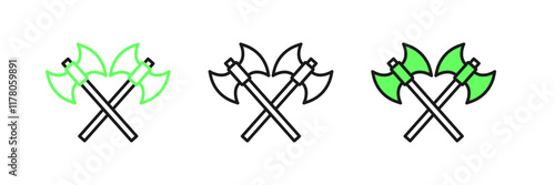 Set line Crossed medieval axes icon isolated on white background. Battle axe, executioner axe. Medieval weapon. Vector