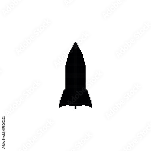 Pixel art black rocket silhouette. Minimalistic rocket icon in retro pixelated style.