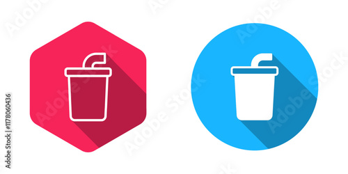 Filled and outline Paper glass with drinking straw and water icon isolated with long shadow background. Soda drink glass. Fresh cold beverage symbol. Vector