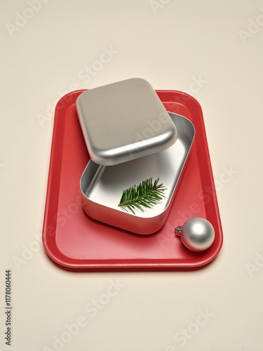 A silver container with a pine tree sprig sits on a red tray