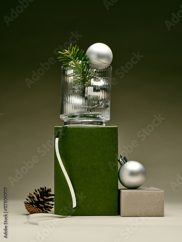 Elegant holiday decoration with silver ornaments and greenery photo