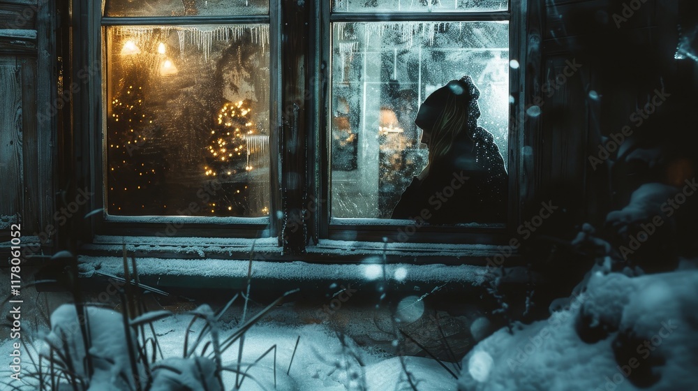 Obraz premium A person is gazing out of a window, admiring a beautiful Christmas tree