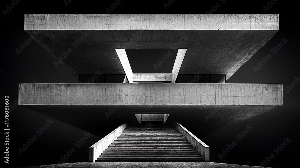 Abstract black and white photo of modern architecture with stairs leading to a concrete structure. Abstract black and white photo of modern architecture with stairs leading to a concrete structure.