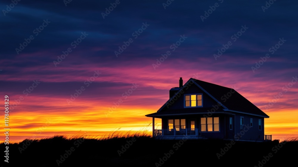 A house perched on top of a hill at sunset, with warm light and peaceful atmosphere A house perched on top of a hill at sunset, with warm light and peaceful atmosphere