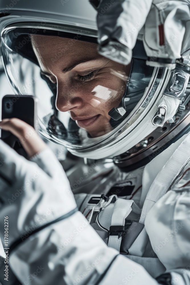 Astronaut holds phone in space suit, potential for futuristic or sci-fi themed use Astronaut holds phone in space suit, potential for futuristic or sci-fi themed use
