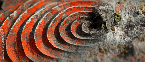 Close-up view of vibrant tree rings showcasing intricate patterns and colors photo