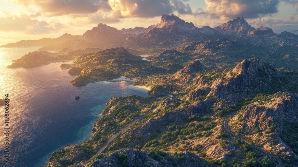 Fototapeta premium Breathtaking aerial perspective of dramatic mountain range embraced by water and lush land