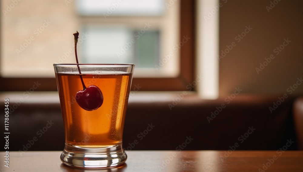 Amber drink in cocktail glass with cherry garnish against a blurred background Amber drink in cocktail glass with cherry garnish against a blurred background