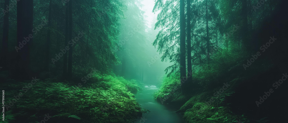 Fototapeta premium Cool forest stream flowing through lush greenery in a serene woodland setting