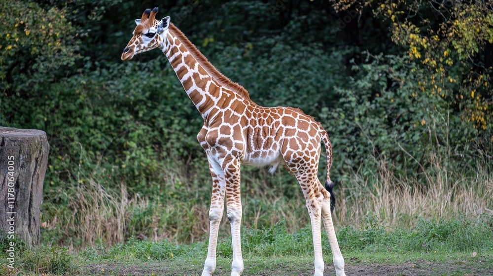 A giraffe stands next to a tree in an open field, ready for a relaxing day A giraffe stands next to a tree in an open field, ready for a relaxing day