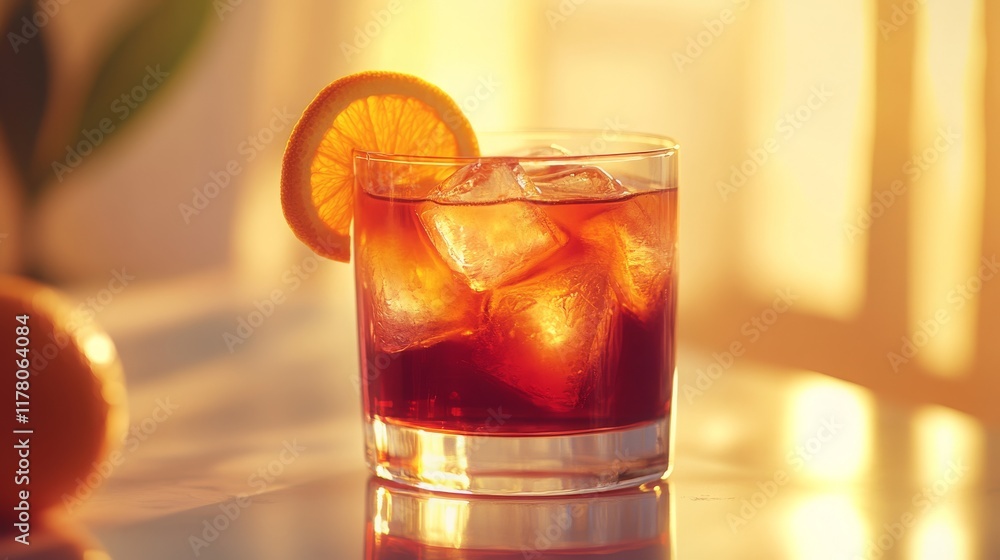 Negroni mocktail in lowball glass, filled with a non-alcoholic gin substitute, sweet vermouth alternative, and deep red hue. The drink is garnished with slice of orange and a twist of orange peel Negroni mocktail in lowball glass, filled with a non-alcoholic gin substitute, sweet vermouth alternative, and deep red hue. The drink is garnished with slice of orange and a twist of orange peel