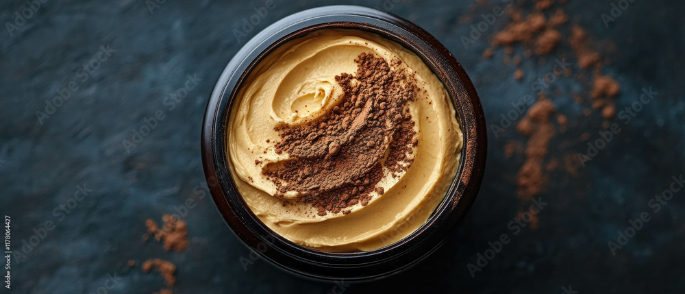 Creamy dessert topped with cocoa powder against a dark background perfect for culinary enthusiasts Creamy dessert topped with cocoa powder against a dark background perfect for culinary enthusiasts